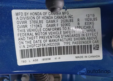 2020 Honda Civic Sport z USA, uszkodzony, nr VIN 2HGFC2F8XLH523358